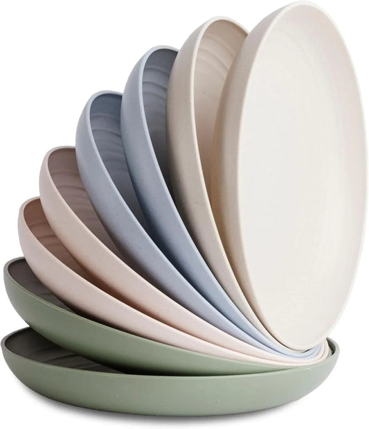 8-Pack Reusable Wheat Straw Plates Set - Non Toxic and Non Plastic Dinner Plates for Kids and Adults, Lightweight Unbreakable Plate, Microwave Safe and Dishwasher Safe (Softhues 9")
