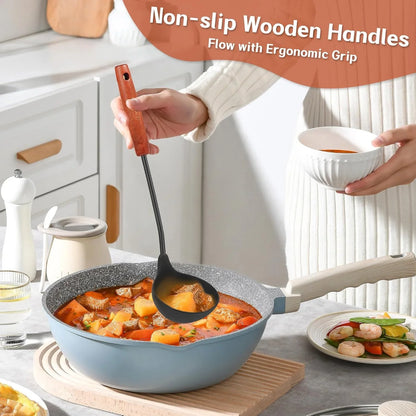 Wok Tools, Wok Utensil,Wok Spatula,Ladle,Skimmer Tool Set,Non Stick Heat-Resistant Silicone Cooking Utensils BPA Free Kitchen Utensils Cookware, Pack of 3,Black