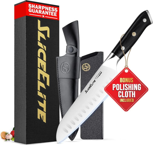 Slice Series Santoku Knife 7 Inch High Carbon German Steel Blade Pakkawood Handle Dual Sheaths Kitchen Knife for Meat Cutting Chopping Chefs Cooking Tool Sharp Vegetable BBQ Knife Gift
