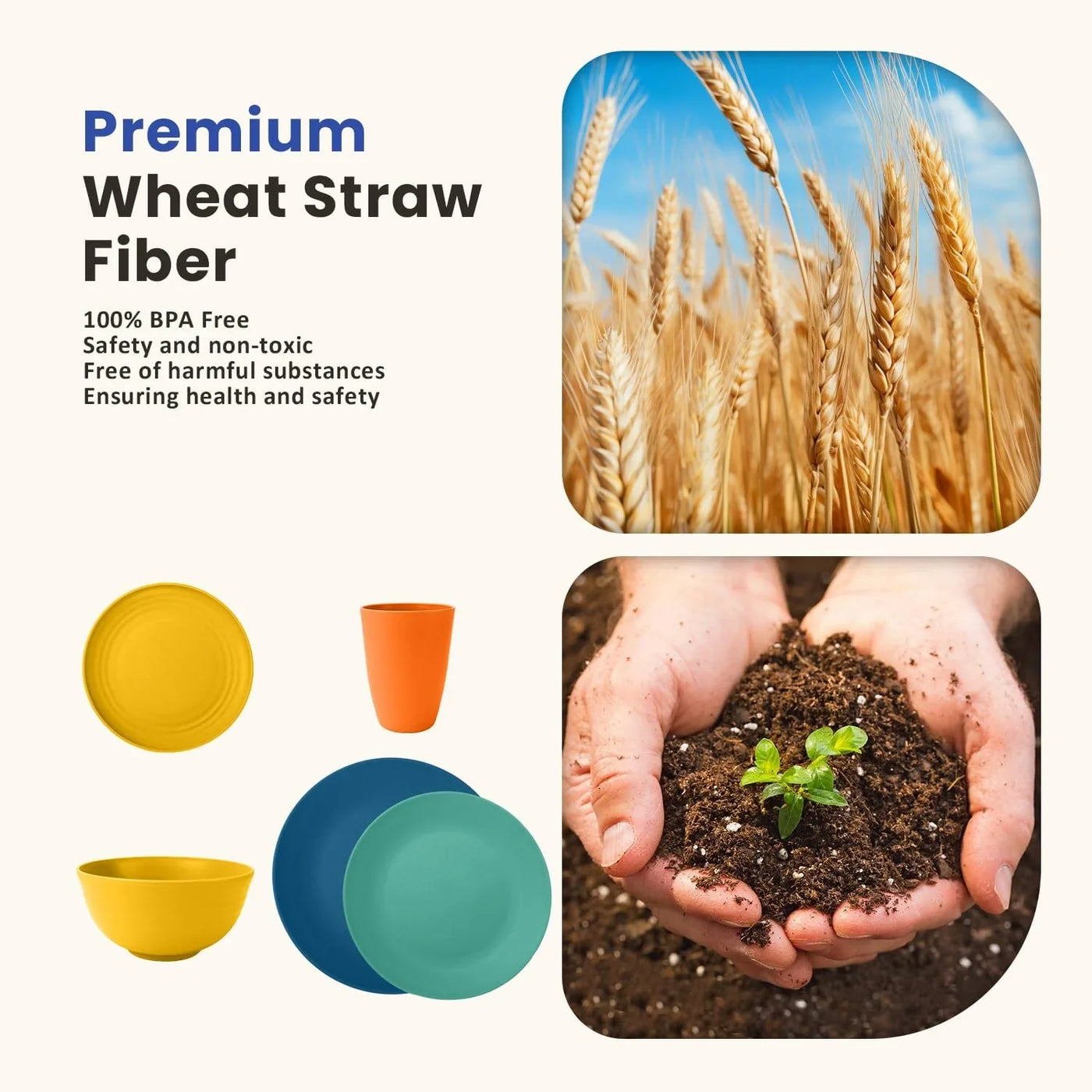 40-Piece Premium Wheat Straw Dinnerware Sets, Service for 8, Unbreakable Plates and Bowls Set - Cups Sets, Dinner Plates, Bowls for Kitchen,Dishwasher and Microwave Safe Dishes Set - Multi