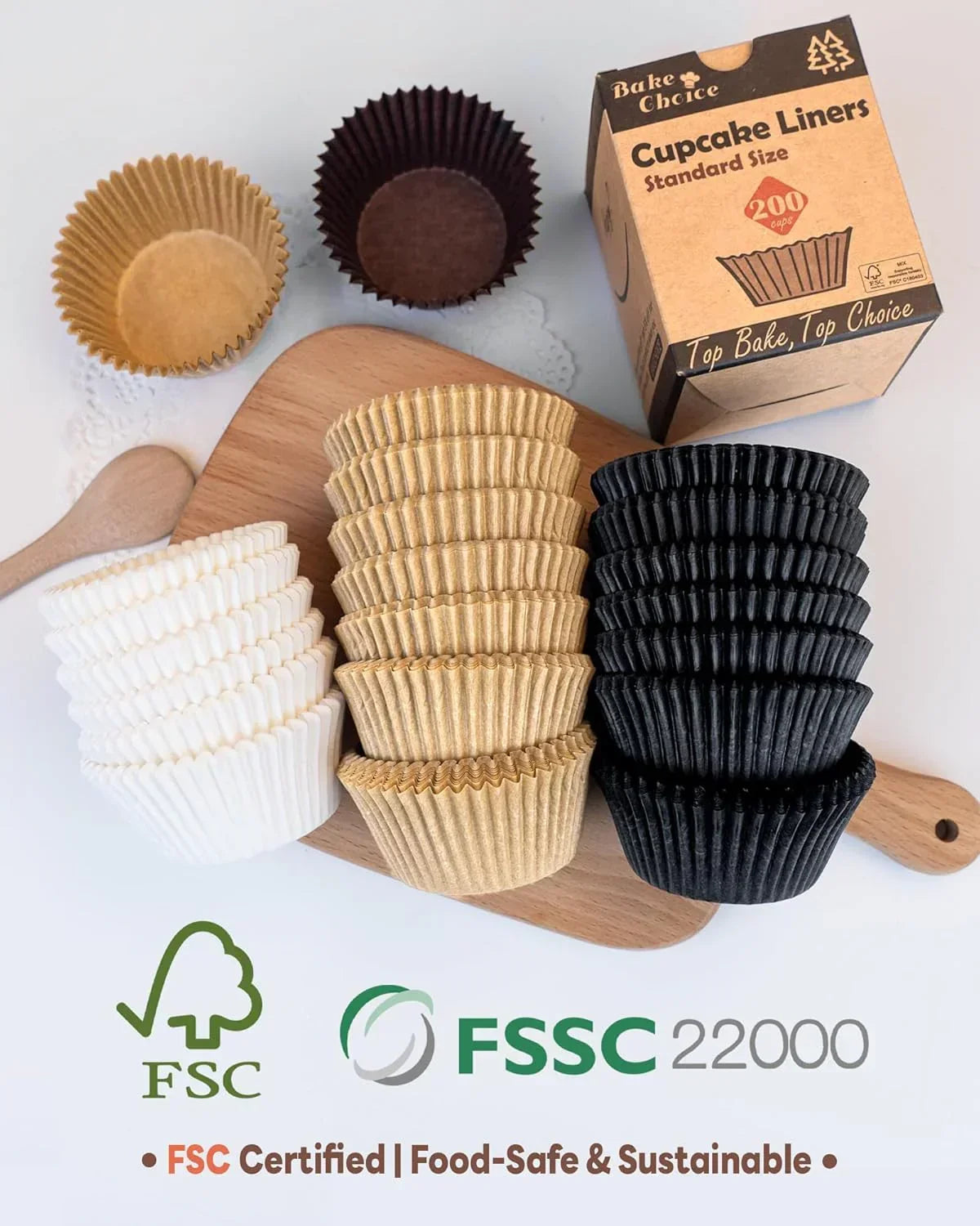 FSC certified cupcake liners in white, kraft, and black — food-safe, sustainable baking supplies for kitchen routines