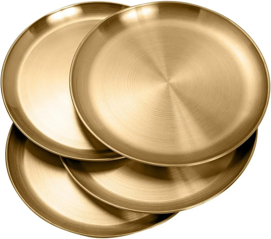 Stainless Steel Plates 304 Metal Gold Dinner Plates Unbreakable Dinner Dishes Plates Set for Barbecue Kitchen Home Camping Outdoor Party (10Inch 4Pcs)