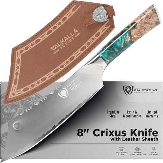 Chef & Cleaver Hybrid Knife - the 'Crixus' - 8 Inch - Valhalla Series - 9CR18MOV HC Steel - Celestial Resin & Wood Handle - Razor Sharp Chef'S Knife - W/Leather Sheath