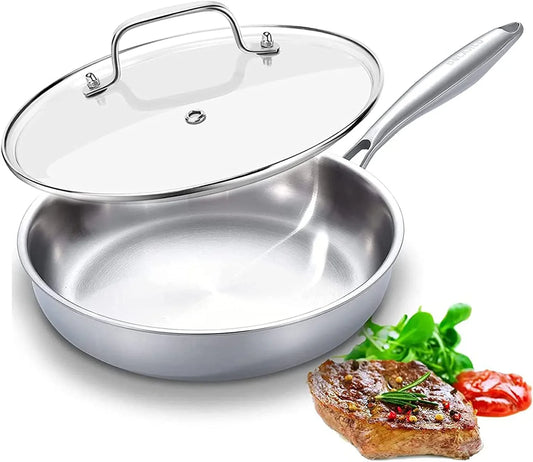 Tri-Ply Stainless Steel Pan, 18/10 Frying Pan, Oven Safe up to 600°F, Nontoxic Cookware, Compatible with All Cooktops Skillet, Durable, Fast Even Heat Fry Pan,12 Inch Pan with Glass Lids