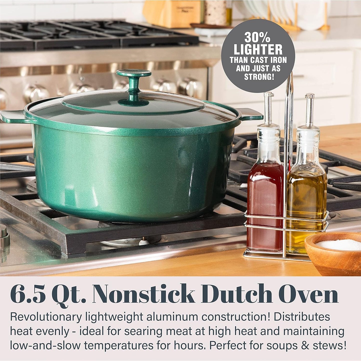 Dutch Oven, 6.5 Quart Ultra Nonstick Enameled Lightweight Aluminum Dutch Oven Pot with Lid, round 6.5 Qt. Stock Pot, Dishwasher & Oven Safe Induction Capable 100% PFOA Free, Emerald Green