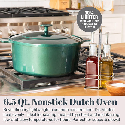 Dutch Oven, 6.5 Quart Ultra Nonstick Enameled Lightweight Aluminum Dutch Oven Pot with Lid, round 6.5 Qt. Stock Pot, Dishwasher & Oven Safe Induction Capable 100% PFOA Free, Emerald Green