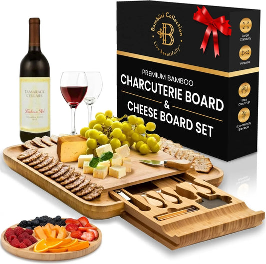 Charcuterie Boards Gift Set - Bamboo Cheese Board Set Charcuterie Tray & Serving Platter for Hosting & Entertaining, Wooden Cheese Platter, Kitchen Gifts for Women, Gifts for Home, Wedding & Birthday
