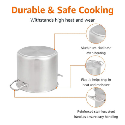 12 Quarts Stainless Steel Aluminum-Clad Stock Pot with Cover, Induction Compatible, Dishwasher Safe, Oven Safe, Even Heating, Soup and Pasta Pot