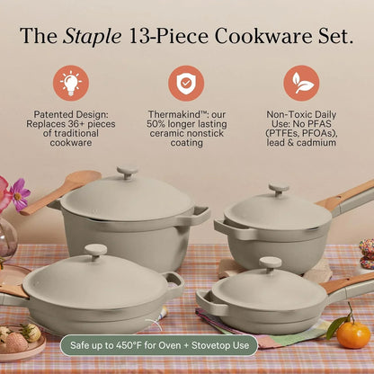 Staple 13-piece cookware set with ceramic nonstick coating, oven-safe up to 450°F, non-toxic design
