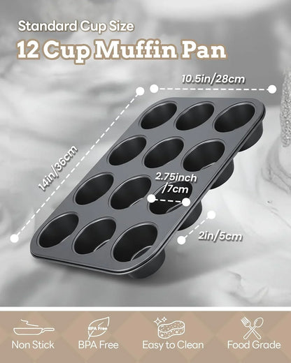 2 Pack Muffin Pan for Baking, Standard Cupcake Pan Includes 100 Natural Cupcake Liners, Muffin Tin Nonstick 12 Cup, Baking Pans Set, Carbon Steel Baking Supplies