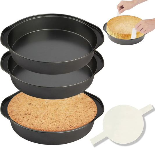 8" round Cake Pan, 3PCS Nonstick Cake Pans with 100 PCS Parchment Paper, Carbon Steel Cake Baking Pans with Handle, Dishwasher Safe