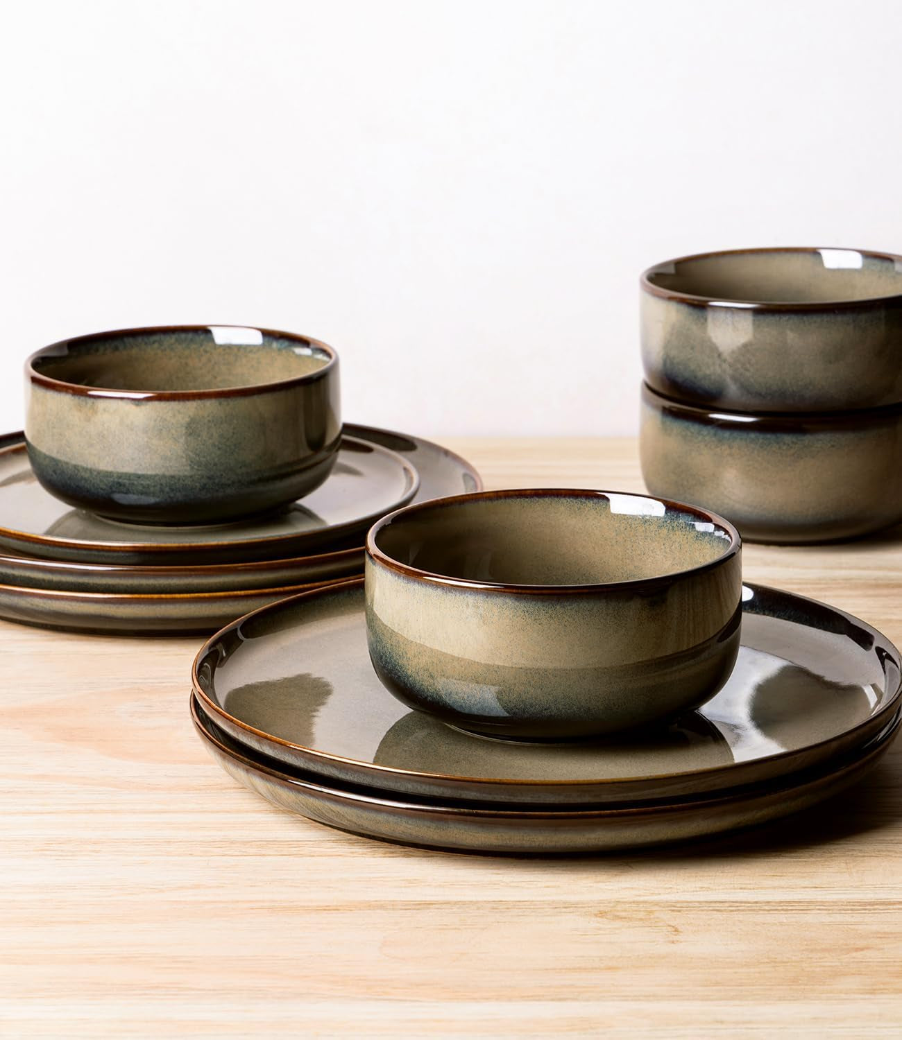 Ceramic Dinnerware Sets for 4, 12 Pieces Handmade Reactive Glaze Plates and Bowls Set, Scratch Resistant Dish Set, Oven & Microwave & Dishwasher Safe