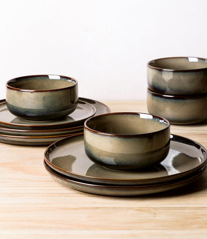 Ceramic Dinnerware Sets for 4, 12 Pieces Handmade Reactive Glaze Plates and Bowls Set, Scratch Resistant Dish Set, Oven & Microwave & Dishwasher Safe