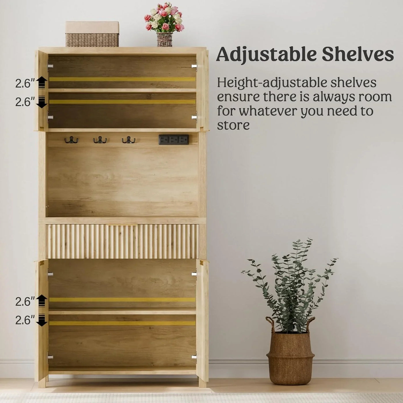 71" Fluted Pantry Cabinet with Charging Station & Adjustable Shelves, Spacious Kitchen Storage Cabinet with Open Countertop & Drawer for Dining Room, Living Room, Natrual