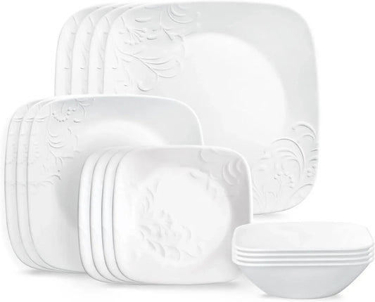Cherish 16Pc Dinnerware Set, Service for 4, 8 Plates 8 Bowls, Chip & Break Resistant, White ware