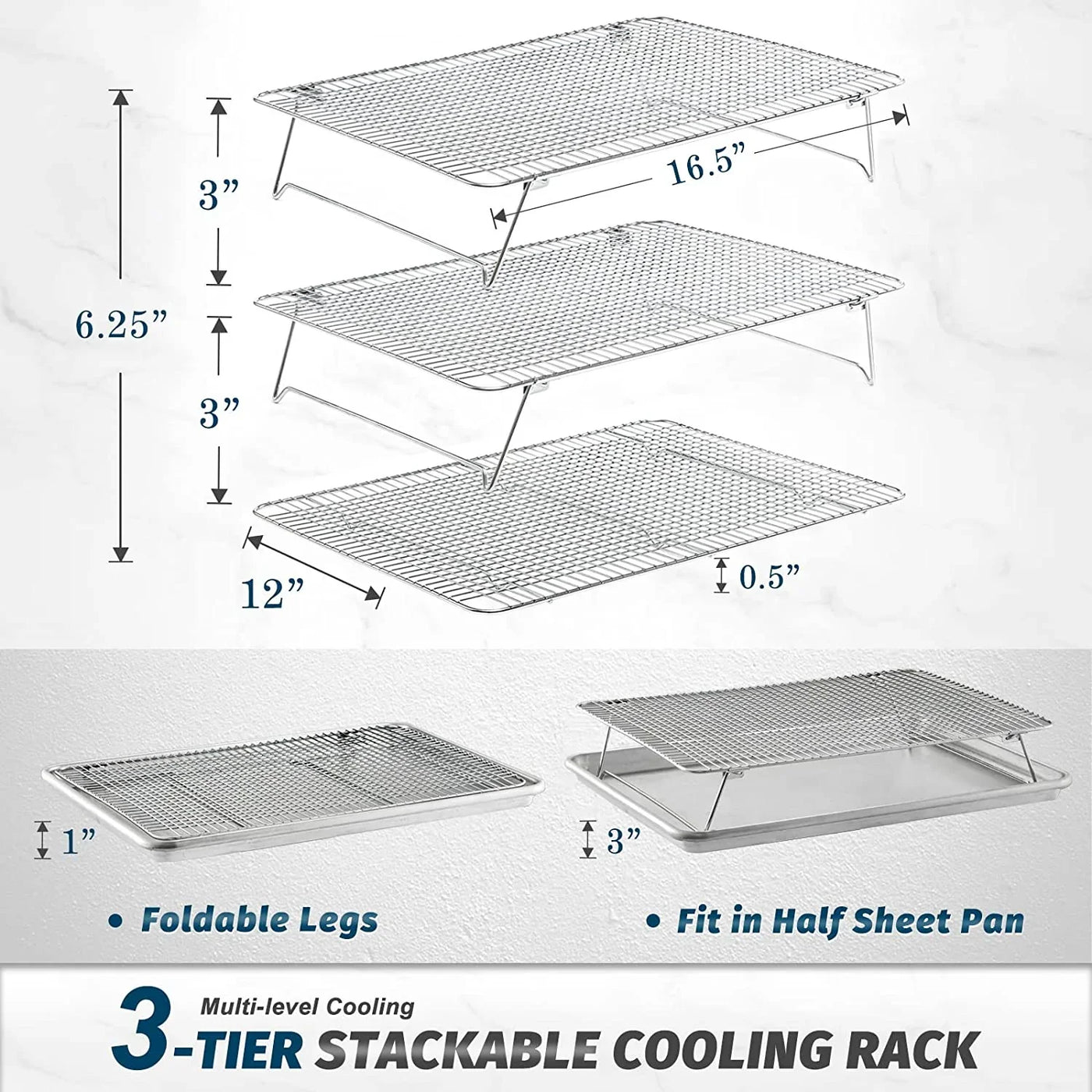 Oven-Salf Collapsible Cooling Rack for Baking, 3 Tier 12”X 16.5”, Stainless Steel and Fit Half Sheet, Stackable Wire Cooling Racks for Cookie, Pizza, Cake