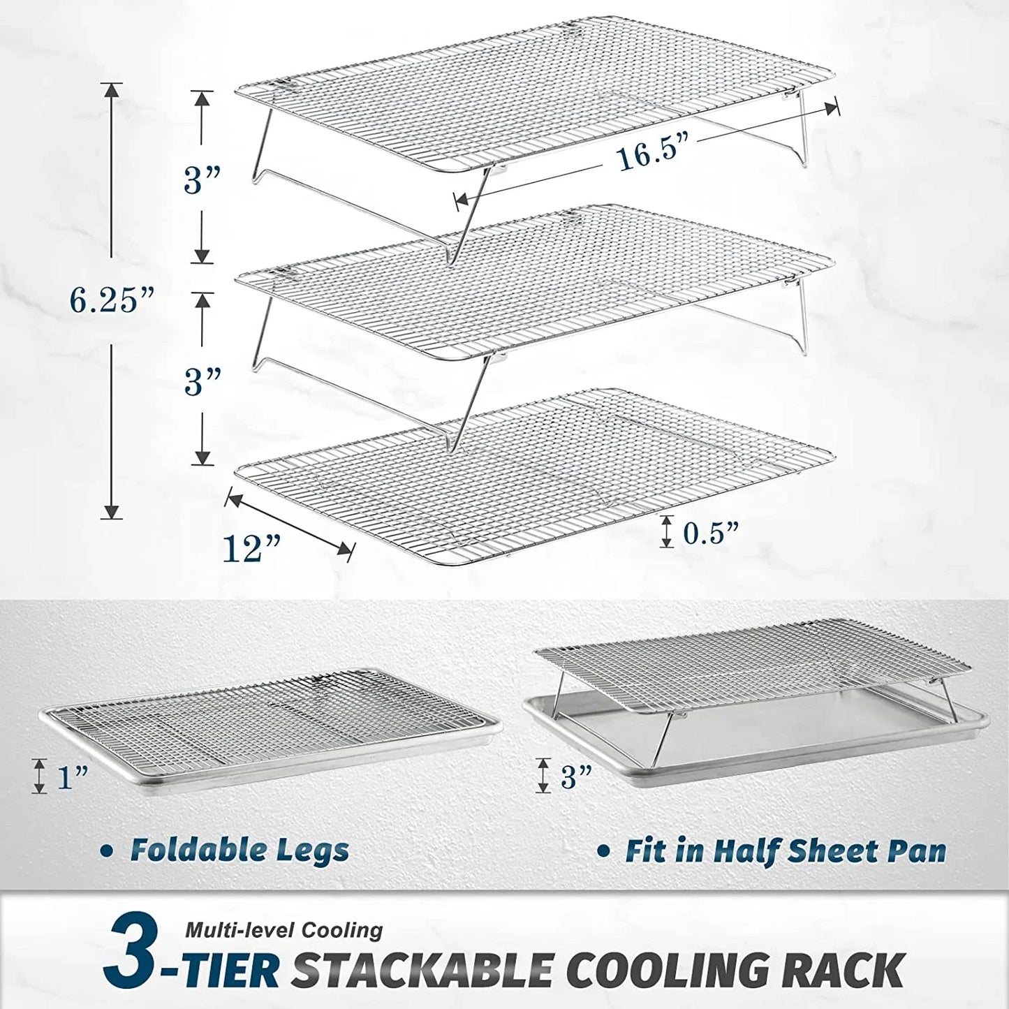 Oven-Salf Collapsible Cooling Rack for Baking, 3 Tier 12”X 16.5”, Stainless Steel and Fit Half Sheet, Stackable Wire Cooling Racks for Cookie, Pizza, Cake