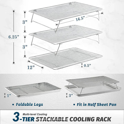 Oven-Salf Collapsible Cooling Rack for Baking, 3 Tier 12”X 16.5”, Stainless Steel and Fit Half Sheet, Stackable Wire Cooling Racks for Cookie, Pizza, Cake