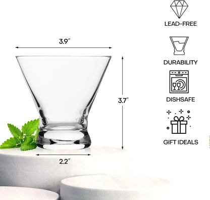 Martini Glasses Set of 8, 8Oz Stemless Martini Cocktail Glasses for Margarita, Cosmopolitan, Manhattan, Home Bar, Gimlet, Pisco Sour, Brandy, Crystal Clear