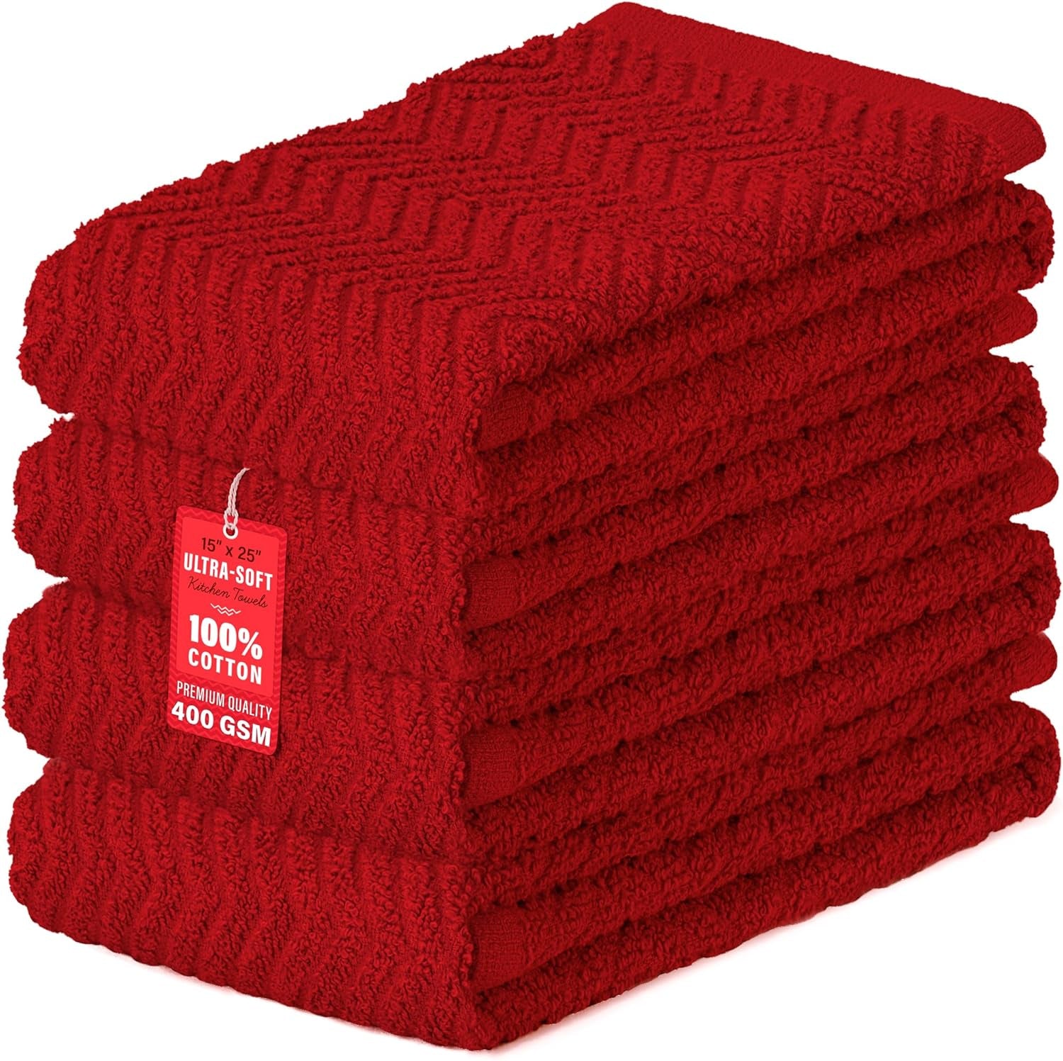 100% Cotton Kitchen Towels, 15" X 25" Absorbent Dish Towels [Premium Quality 400 GSM] Red (Pack of 4)