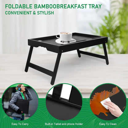 Bed Tray Table with Handles Folding Legs,Bamboo Breakfast Food Tray with Media Slot,Use as Platter,Laptop Desk,Snack,Tv Tray Kitchen Serving Tray Black Large