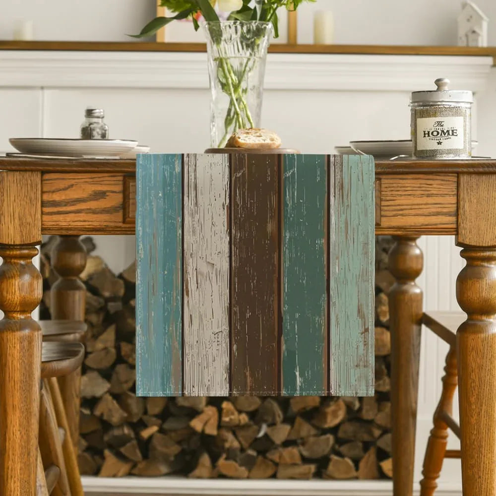 Green Retro Rustic Wood Texture Table Runner, Seasonal Spring Kitchen Dining Table Decoration for Home Party Decor 13X72 Inch