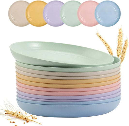 12 PACK 9 Inch Lightweight Wheat Straw Plates, Unbreakable Deep Kids Pates, Plastic Plates Reusable, Dinnerware Sets Gifts, Microwave & Dishwasher Safe, Camping Kitchen Party Use, BPA Free,6 Colors