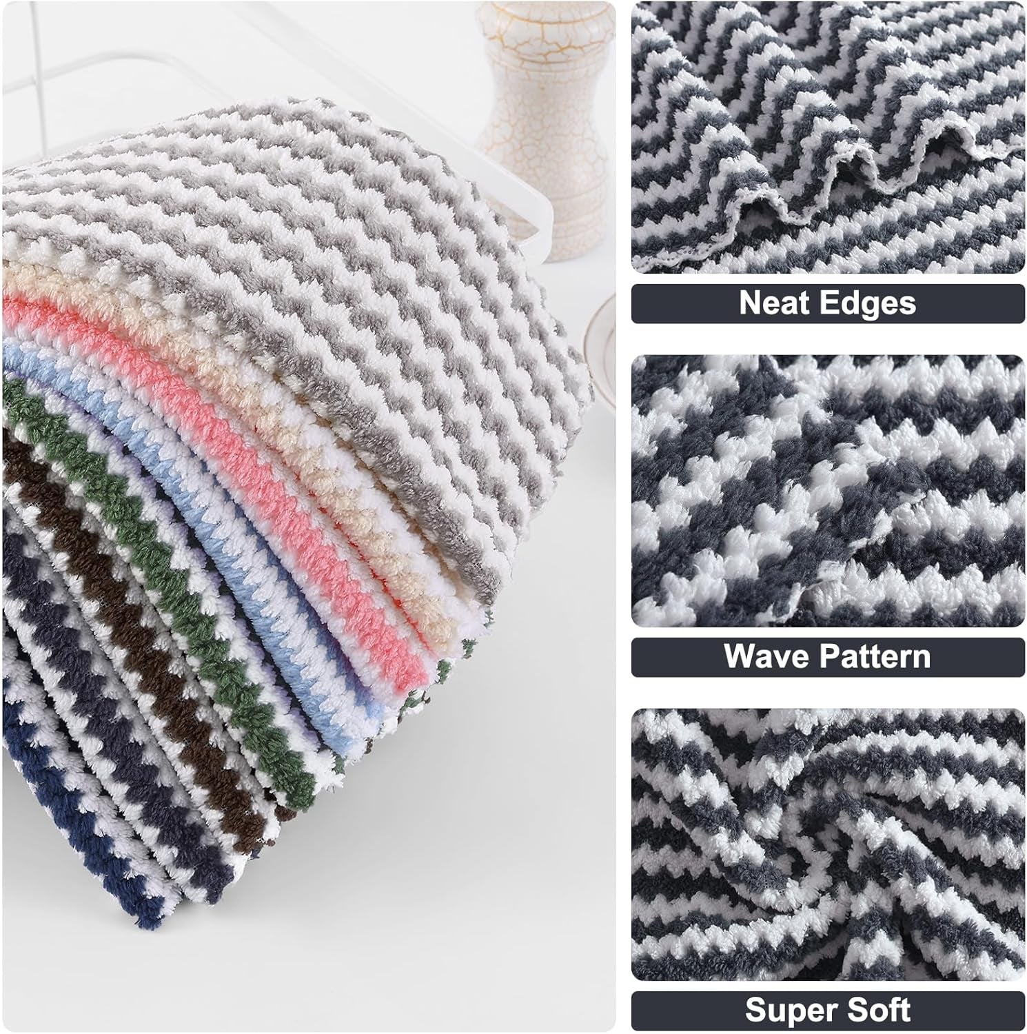 12 Pack Kitchen Dish Cloths, Ultra Soft and Absorbent Dish Towels, Reusable Fast Drying Microfiber Cleaning Cloth, Coral Velvet Wave Design No-Lint, 10 X 10 Inches, Dark Grey