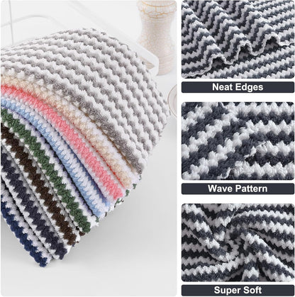 12 Pack Kitchen Dish Cloths, Ultra Soft and Absorbent Dish Towels, Reusable Fast Drying Microfiber Cleaning Cloth, Coral Velvet Wave Design No-Lint, 10 X 10 Inches, Dark Grey