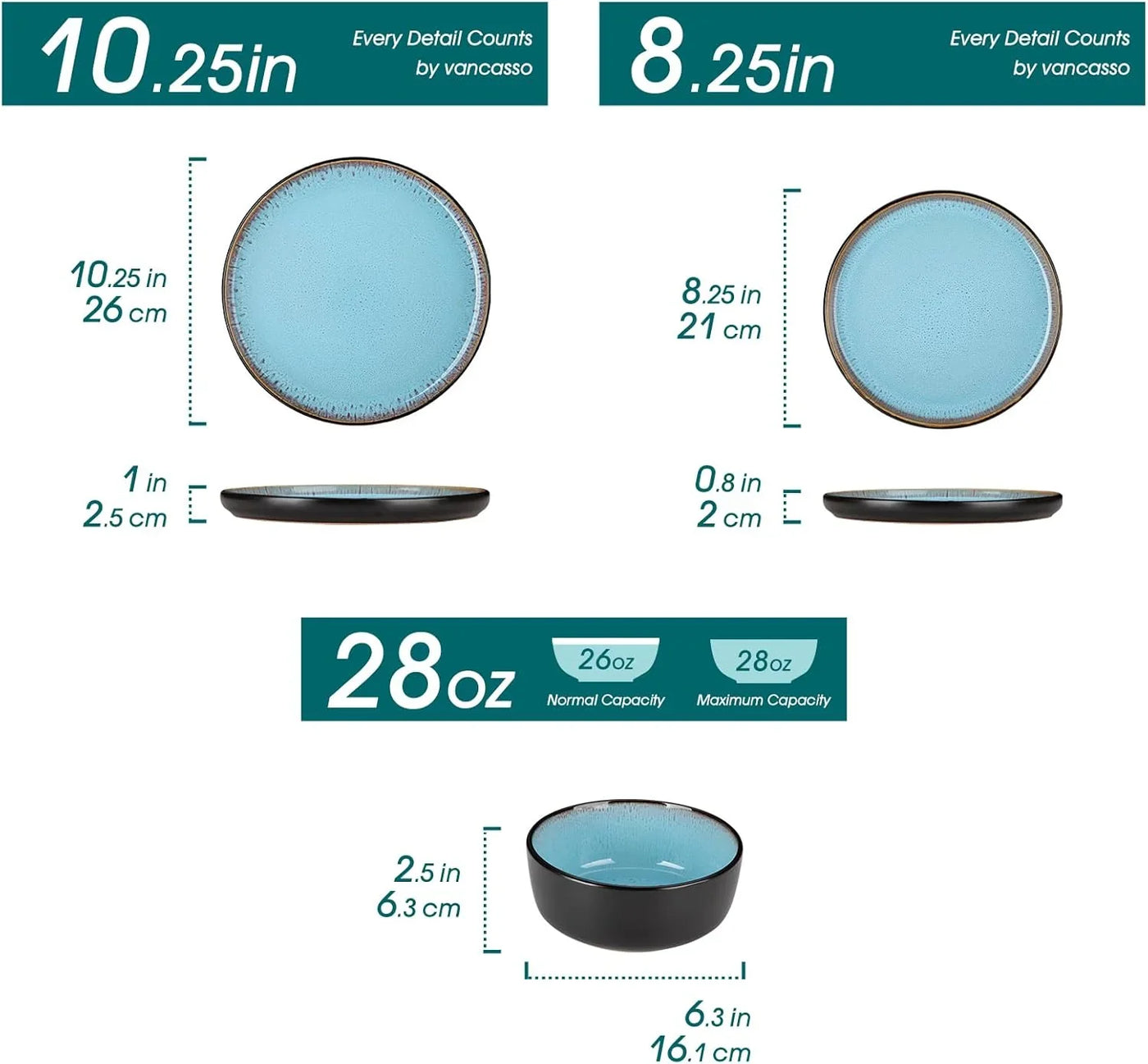 Plates and Bowls Sets, 18 Pieces Stoneware Dinnerware Sets for 6, Kitchen Dish Set Mircowave and Dishwasher Safe Ceramic Dishware, Blue, Series AMBER