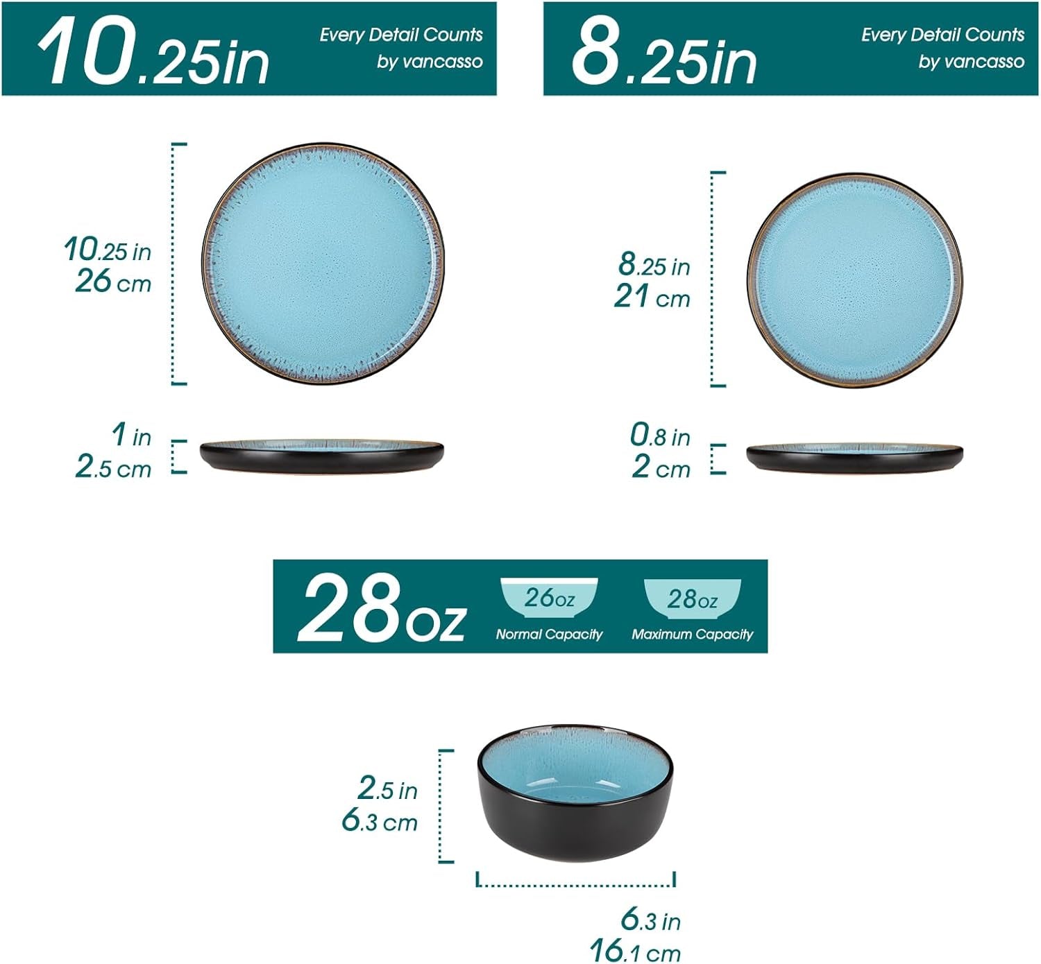 Plates and Bowls Sets, 18 Pieces Stoneware Dinnerware Sets for 6, Kitchen Dish Set Mircowave and Dishwasher Safe Ceramic Dishware, Blue, Series AMBER
