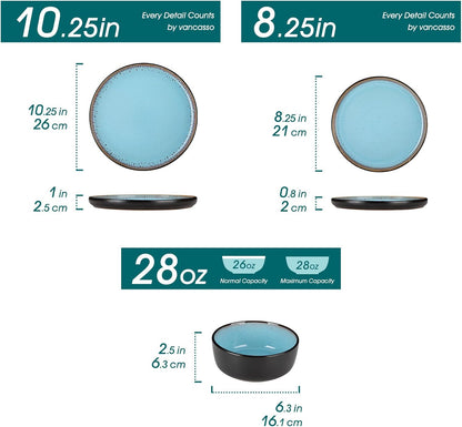 Plates and Bowls Sets, 18 Pieces Stoneware Dinnerware Sets for 6, Kitchen Dish Set Mircowave and Dishwasher Safe Ceramic Dishware, Blue, Series AMBER
