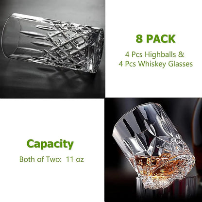 Drinking Glasses, 8 Piece Crystal Glass Cups, Mixed Glassware Set, 4 Pcs Crystal Old Fashioned 11Oz Highballs and 4 Pcs 11Oz Whiskey Glasses, Great for Cocktail, Whisky and Other Beverages