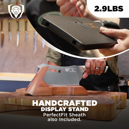 Obliterator Meat Cleaver Knife 9 Inch - Wood Stand & Sheath - 3Lbs 6Mm Thick Butcher Knife - 7CR17MOV Carbon Steel - Gladiator Series R - Heavy Duty Chopping Knife - G10 Handle Chef'S Knife