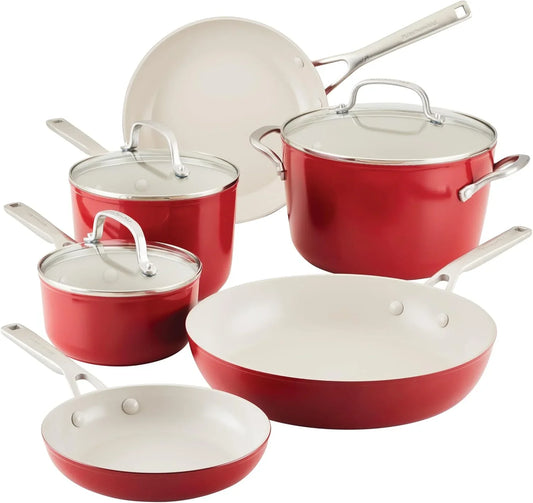 Hard Anodized Ceramic 9-Piece Nonstick Cookware Set – Includes Fry Pans, Saucepan, Stockpot, Durable, Even Heating, Oven Safe to 500°F, Empire Red