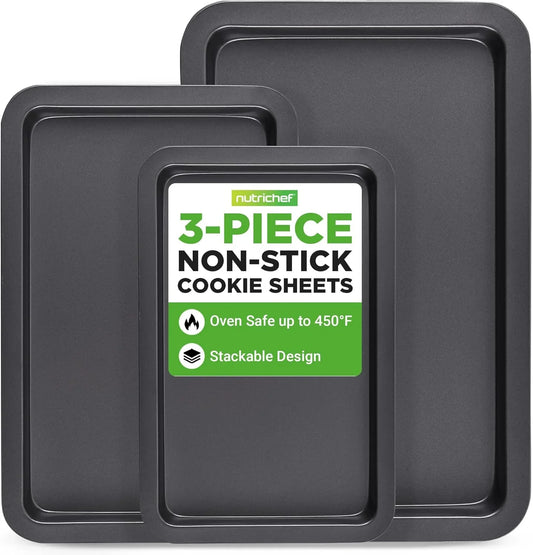 3-Piece Nonstick Baking Sheet Set – Non-Toxic Cookie Sheets for Everyday Baking – Small, Medium & Large Oven Safe Bakeware Trays – Warp-Resistant, Easy to Clean & Dishwasher Safe