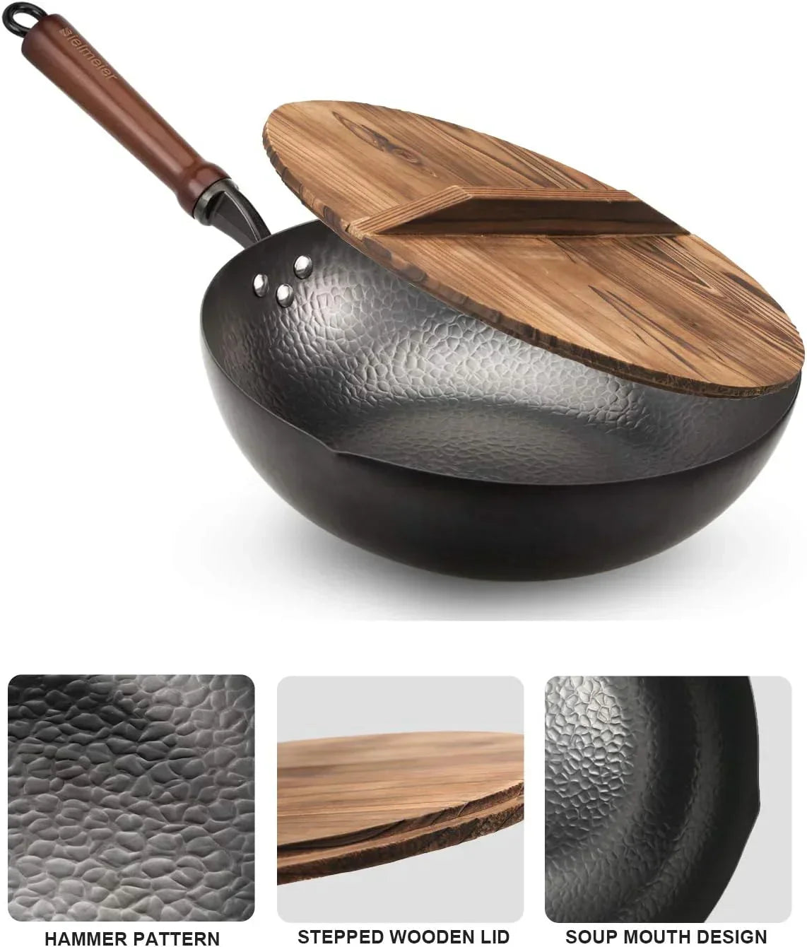 Hammered wok with wooden lid, featuring stepped design and soup mouth for easy cooking