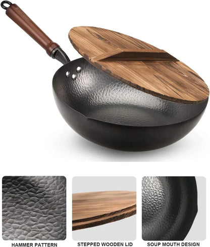 Hammered wok with wooden lid, featuring stepped design and soup mouth for easy cooking
