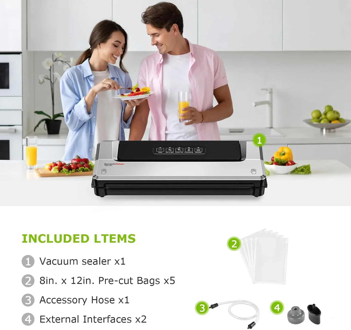 Vacuum Sealer Machine | Compact Food Sealer for Kitchen Storage & Meal Prep | Multiple Modes​​ | External Vacuum System | 5 Bags, Silver​​