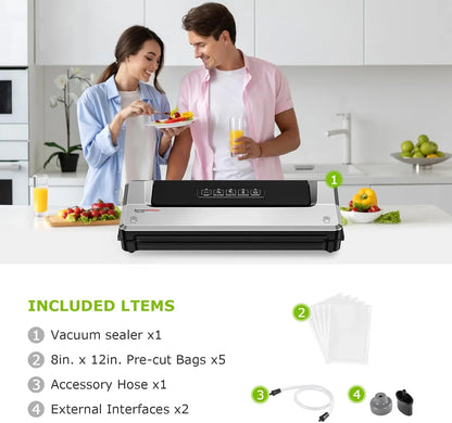 Vacuum Sealer Machine | Compact Food Sealer for Kitchen Storage & Meal Prep | Multiple Modes​​ | External Vacuum System | 5 Bags, Silver​​