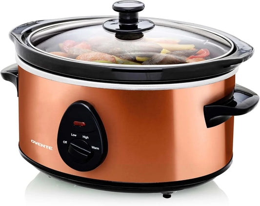 Electric Slow Cooker with 3 Cooking Settings, Non-Stick and Dishwasher Safe Stoneware, Stainless Steel Body, Glass Lid, 3.7 Qt Oval Pot for Entrees, Soups, Sauces, Stews & Dips, Copper SLO35ACO
