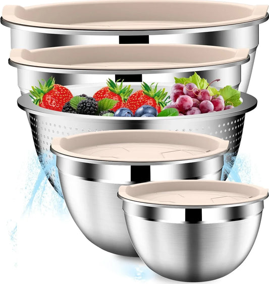Stainles Steel Mixing Bowls with Lids Set, Stackable Metal Mixing & Serving Bowl with Strainer, 5-Piece - Beige