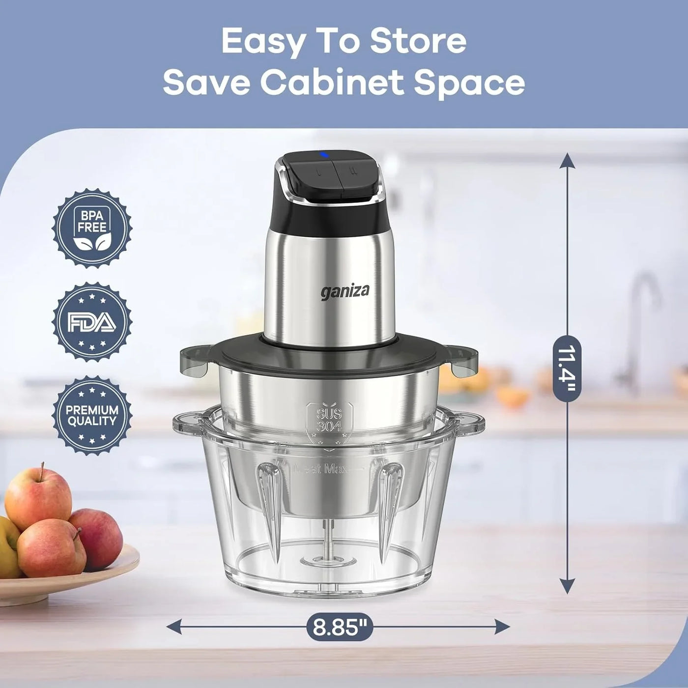 Food Processor, 2-Speed Food Chopper Meat Grinder with 8 Cup Stainless Steel & 8 Cup Glass Bowls, Upgraded Button & Smart Overheat Protection Light - Includes Clean Brush, 2 Sets of Blades