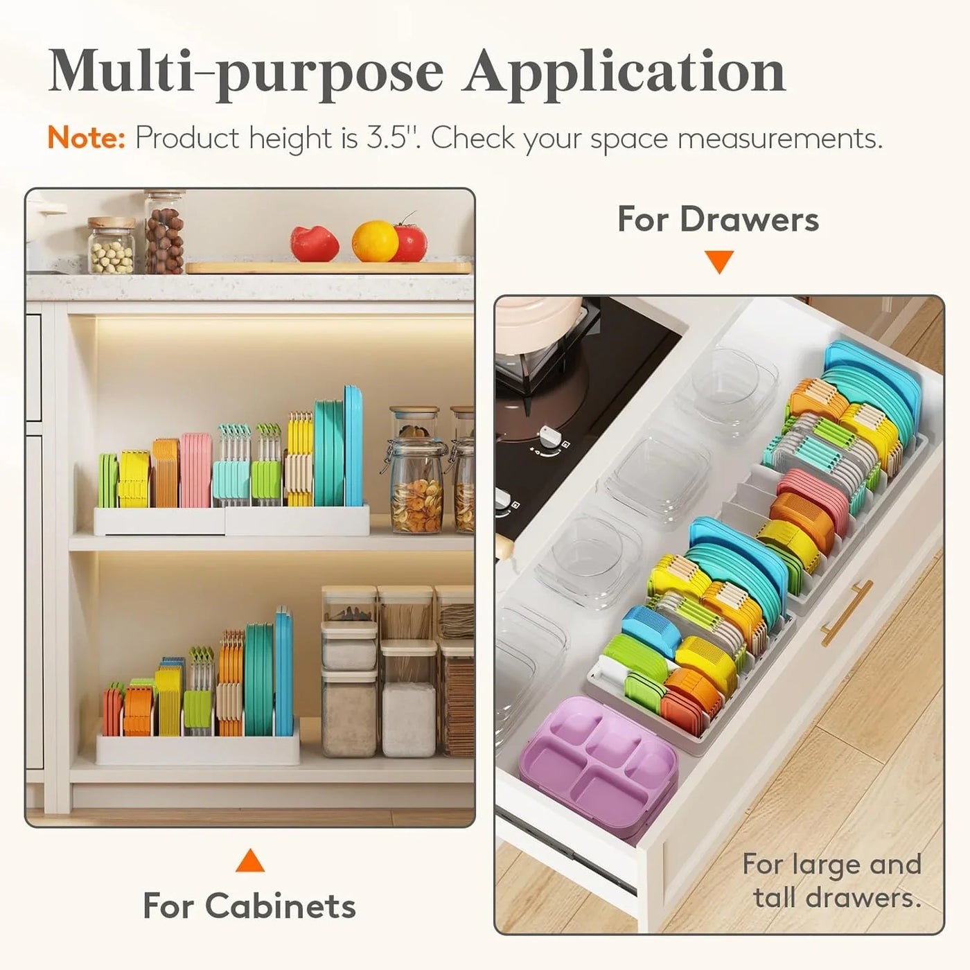 Kitchen Cabinet Organizer for Food Contanier Lid, Lid Holder with 6 Adjustable Dividers & 7 Sections for Pantry Organizers and Storage, Home Drawer Organization, Large, 13" X 10"