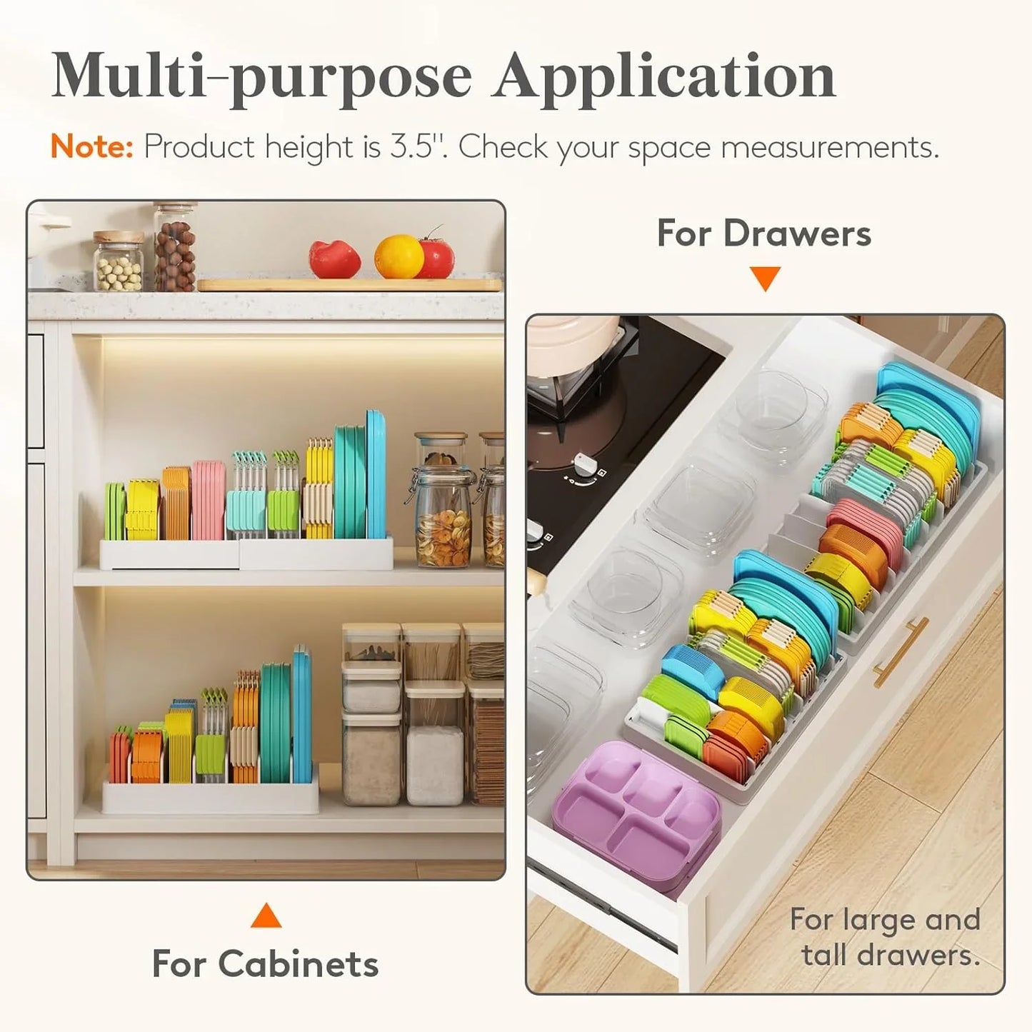 Kitchen Cabinet Organizer for Food Contanier Lid, Lid Holder with 6 Adjustable Dividers & 7 Sections for Pantry Organizers and Storage, Home Drawer Organization, Large, 13" X 10"