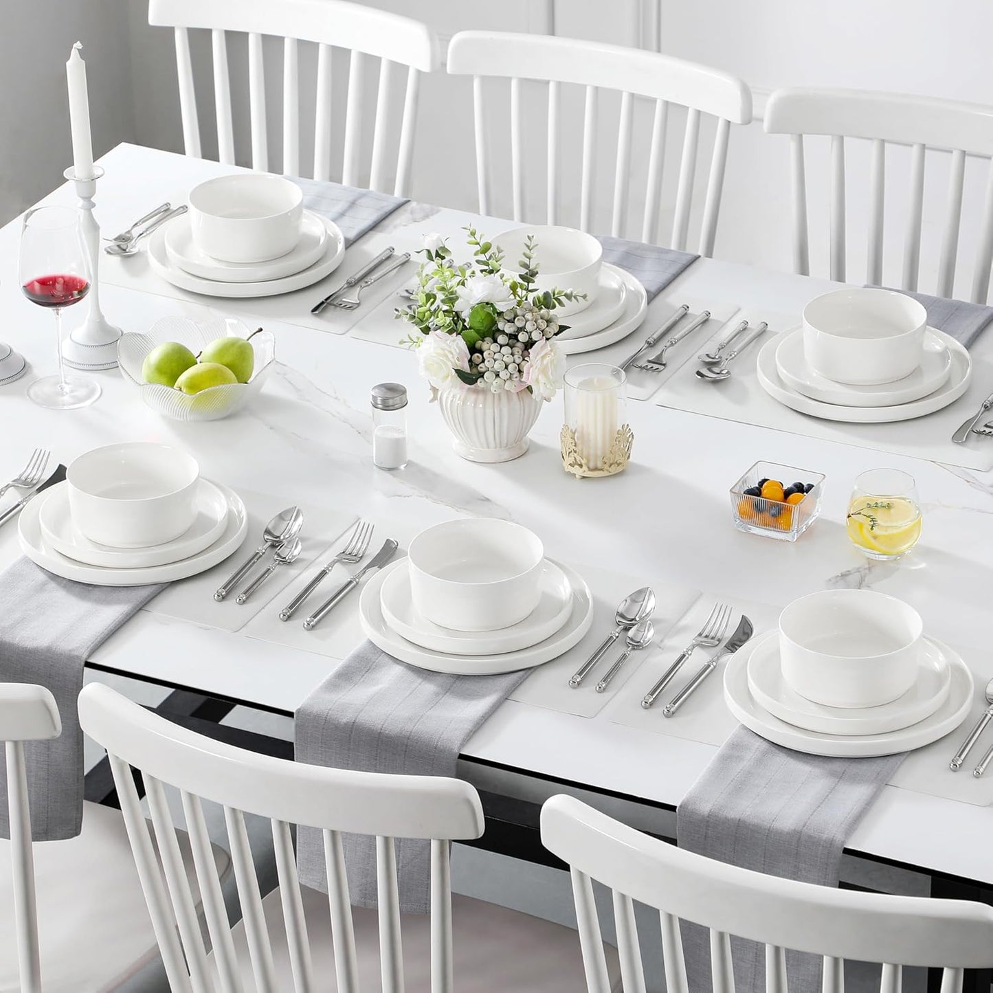 24 Pieces Porcelain Dinnerware Set, Modern White Dish Set for 8, Premium Serving Plates and Bowls Sets, Chip and Scratch Resistant Dishware Sets Kitchen Dishes Dining Ware Set, Series LEAH