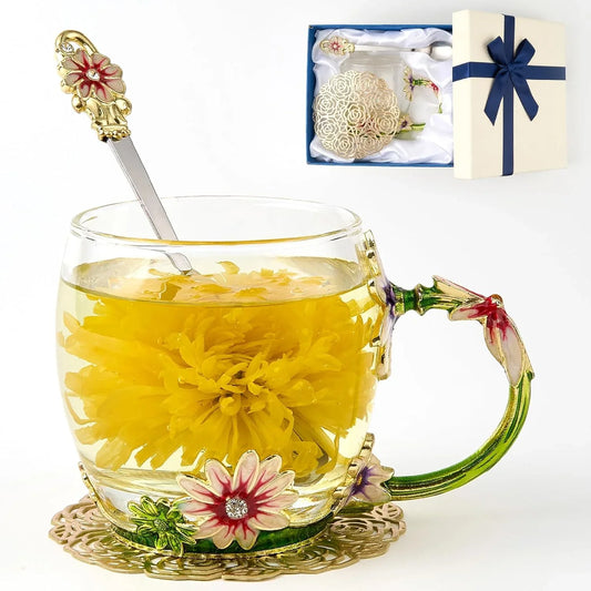 Flower Tea Cup ,Daisy Flower Clear Glass Fancy Coffee Cup with Spoon,Gift Box for Her Mom Wife Grandma Girls Friends Valentines Christmas Birthday Present Idea for Juice,Hot and Cold Drinks Use