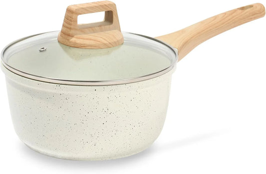 Nonstick Sauce Pan with Lid, 1.5 QT Small Soup Pot Compatible with All Stovetops (Gas, Electric & Induction), PFOA Free, White