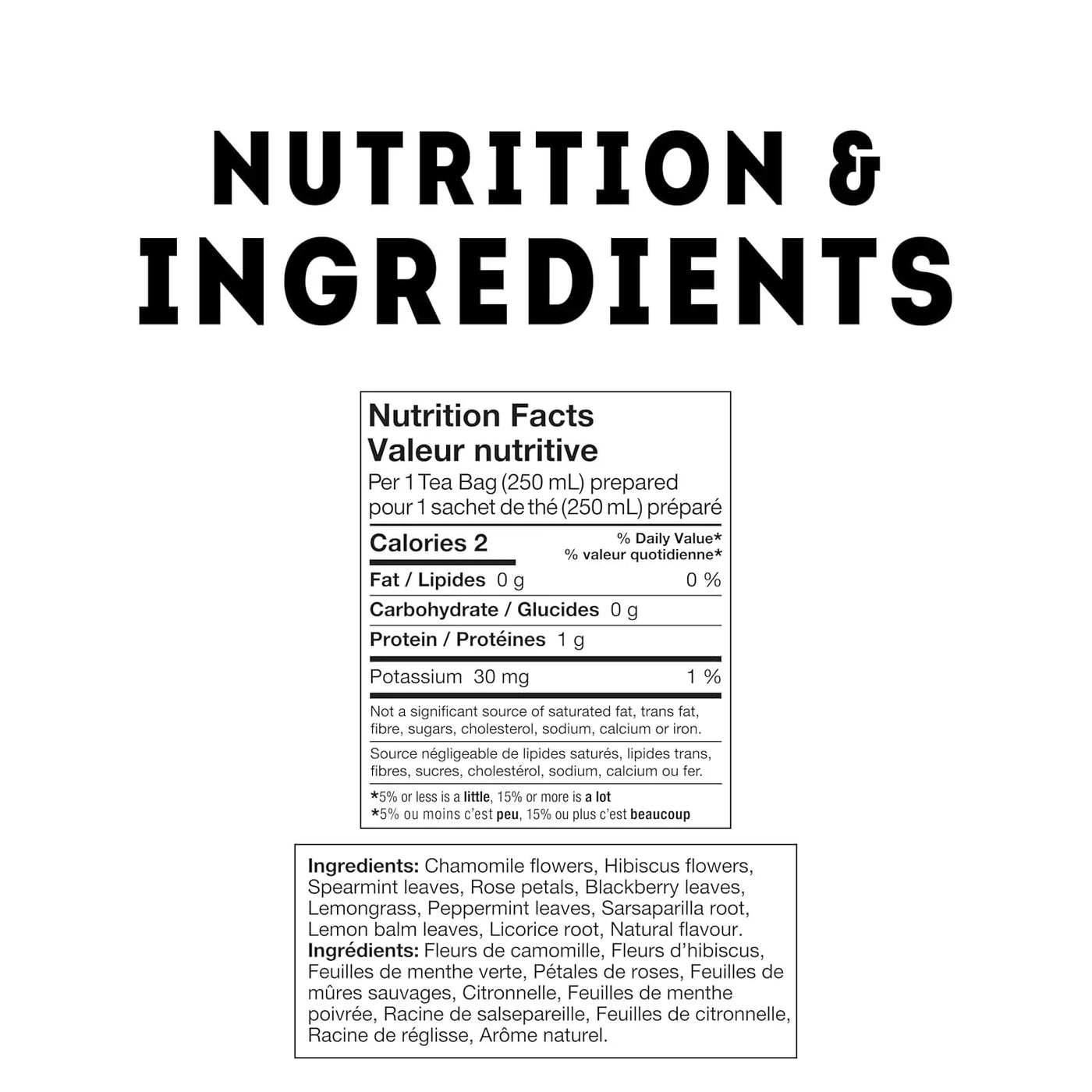 Nutrition facts and ingredients for herbal tea with chamomile, hibiscus, and spearmint