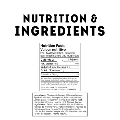 Nutrition facts and ingredients for herbal tea with chamomile, hibiscus, and spearmint